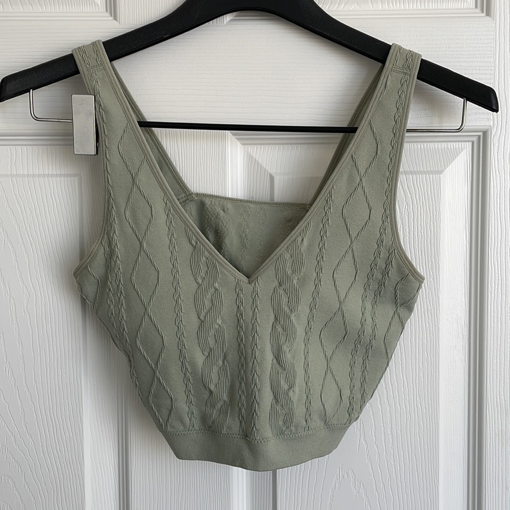 Sage Green Cable Knit Workout Crop Top Sports Bra Double Lined Removable Pads